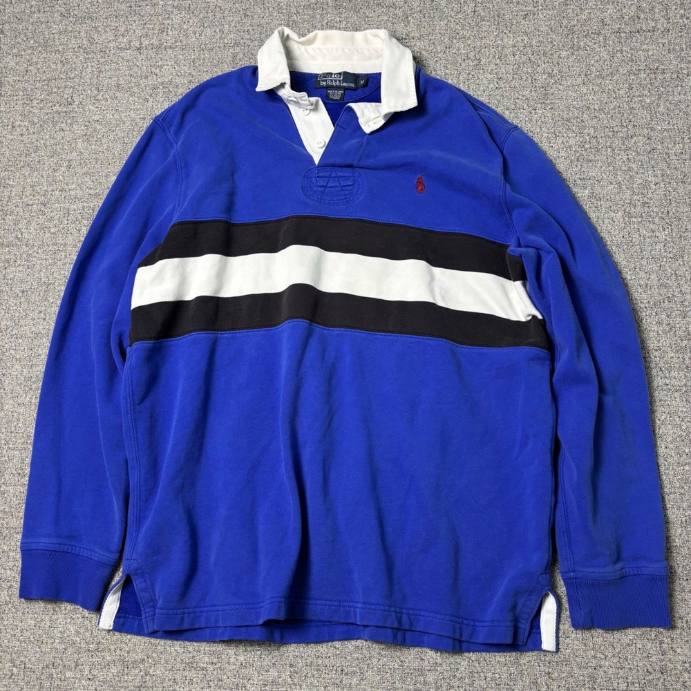 Polo Ralph Lauren Rugby Shirt Mens Medium Blue Black White Striped Long Sleeve